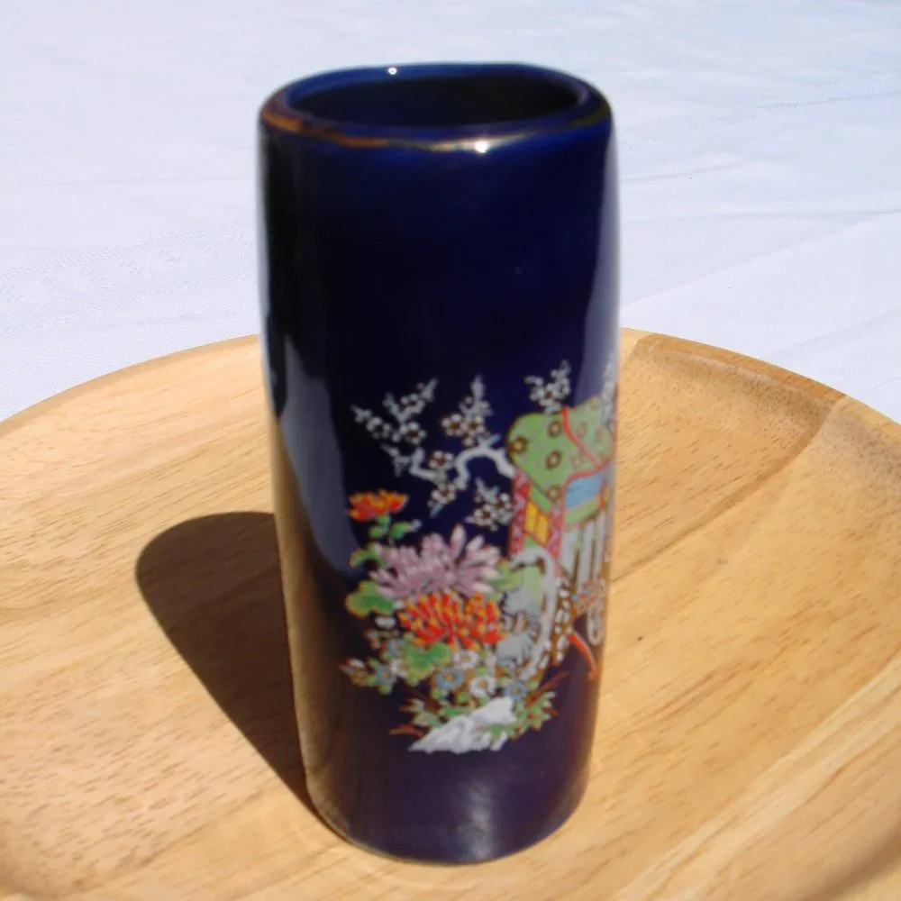 Blue Bud Vase Japan Vintage Porcelain Glass Gold Leaf Home Decor Small Vases VTG - Picture 10 of 10